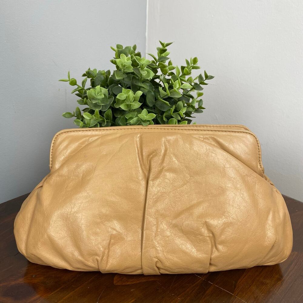 Vintage LETISSE Camel Leather Ruched Pouch Clutch | Crossbody Bag